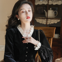 Lace stitching gold velvet coat female autumn 2021 New French retro petal sleeve V-neck long sleeve base shirt
