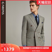 Pure wool double-breasted suit suit men khaki Plaid groom wedding suit male British style slim fit