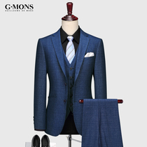 Jiyomeng mens dark check suit suit Business casual groom wedding suit Blue Korean slim four seasons