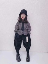 Bora Korean childrens clothing 2021 autumn and winter new boys and girls simple handsome plaid shirt suit pants set