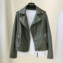 Korean leather green coat female short spring and autumn new Han version of high-sense leisure fashion jacket tops