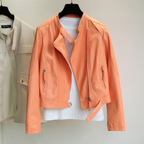 Korean leather leather women orange autumn and winter New thick collar slim slim body short locomotive jacket foreign coat