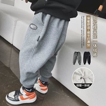 Childrens pants 2021 autumn and winter new childrens clothing boys tie pants plus velvet casual pants sports pants baby thick pants