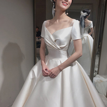 Satin main wedding dress 2021 new one-shoulder temperament bride forest simple Hepburn trailing super fairy dream