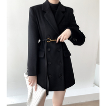 Yinsi black suit woolen coat womens long winter thickened wool small man waist waist dress suit