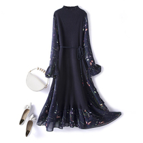 Large size womens floral dress womens fashion foreign style long sleeve dress early autumn temperament knitted stitching chiffon dress