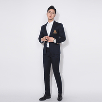 Chuanze mens navy blue embroidered suit two-piece suit new Korean slim fashion youth casual suit suit