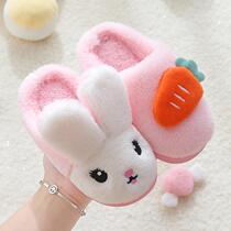 Childrens cotton slippers for boys and girls hairy autumn and winter warm plus velvet non-slip indoor home baby cartoon cute bag heel