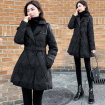 2021 new womens winter slim waist long down jacket womens black slim suit collar coat dark buckle
