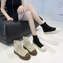 High-top shoes women 2021 autumn new niche sweet cool board shoes Joker breathable ins tide leather knitted casual shoes