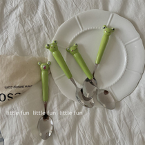 Cartoon tableware cute students stainless steel ceramic happy little frog fork spoon children portable travel set