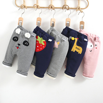 Girls pants winter plus cotton thick bottoming outside wear baby fleece pants big pp warm cartoon casual baby cotton pants