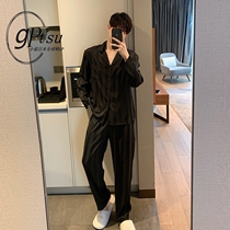 Japan GP new ice silk pajamas mens spring and autumn silk two-piece set long sleeves Spring and Autumn mens stripe set