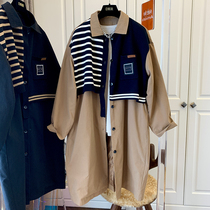 DHR retro striped sweater vest stitching long windbreaker jacket cardigan women fake two pieces casual loose INS