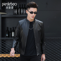 2021 New Haining neck motorcycle leather jacket mens head layer goatskin leather leather jacket short Korean version jacket