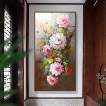 New Chinese-style porch decorative painting into the house corridor pure hand-painted oil painting Three-dimensional peony living room vertical version study hanging painting