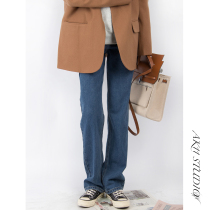 AK11STUDIO2021 winter New thin straight micro mop jeans Korean vintage velvet wide leg pants
