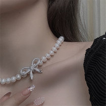 Liu shishi The same round pearl choker full diamond rhinestone bow necklace new clavicle chain fashion necklace