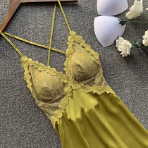 Sexy Sleepwear Womens Summer Thin Ice Silk Dew Back Lace Fire pure desire 2022 New harness Sleeping dress with chest cushion
