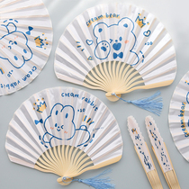 Cute Little Fan Cream Rabbit Cartoon Creativity Small Bear Folding Fan Summer Portable Folding With-Cloth Surface Streaming Su Regiment Fan