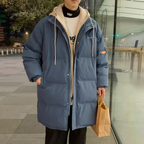 Zijun Men's Long Cotton Clothes Men's Tide Brand Fake Two Hooded Down cotton-padded jacket Winter Thickened Knee-padded Coat