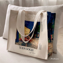 ANDCICI Van Gogh cafe oil painting thick cotton linen zipper canvas bag shoulder bag male and female student schoolbag