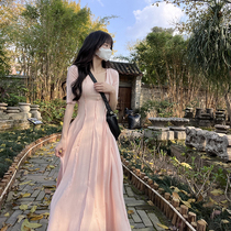 Lively Li Classic Edition Type of light pink collection waist splicing round collar middle sleeve dress elastic body with large swing long skirt