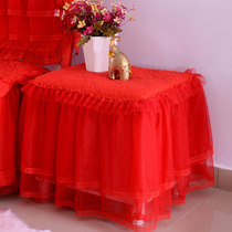 Lace bedside cabinet cover dust cover bedroom small square table cover cloth cotton fabric Red