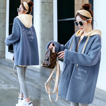Pregnant women wear blue outside spring and autumn to go out during pregnancy loose lamb velvet autumn fashion solid color long-sleeved sweater