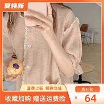 South Korean chic sweet and broken flowers sleeping dress Women Summer pure cotton short sleeve lace girl mid-length pyjamas home clothes home thin