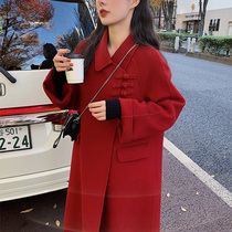 Chinese style anti-season high-end red double-sided cashmere coat womens long 2021 new retro loose double-sided