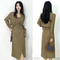 Early autumn long sleeve light cooked style womens set Hong Kong flavor 2022 short coat + split suspender dress two-piece set