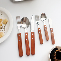 Western tableware 3-piece set of stainless steel steak knife and fork spoon imported rosewood ins Spoon restaurant original wooden handle knife and fork spoon