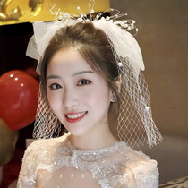 Head yarn Bride wedding headdress Super Xiansen handmade pearl yarn short bow photo studio net red photo props