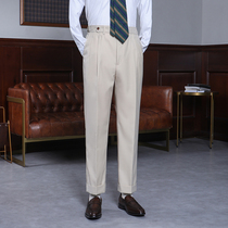 IsirHonour spring summer Naples khaki high waist double pleated worsted wool trousers straight roll trousers men
