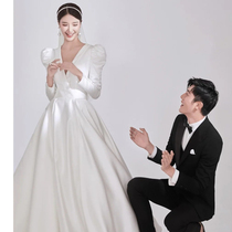 Long-sleeved bride brigade patted light wedding satin evening dress women 2021 New Net red thin fugitive princess Sen