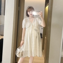 Maternity dress 2021 summer new temperament hollow embroidery v-neck dress summer dress loose medium long fashion