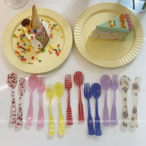 Two Korean ins vintage French plaid floral dessert fork spoon girl tableware shooting props