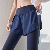 Fitness pants womens high waist hip-lift stretch tight-fitting running wear fake two-piece sports pants quick-drying yoga spring and summer models