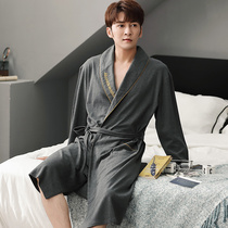 Mens nightgown tide brand medium long cotton pajamas spring and autumn cotton comfortable long sleeves bathrobe high-end home wear men