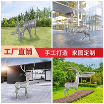 Stainless steel sculpture custom large geometric sika deer mirror hollow craft landscape campus square outdoor metal