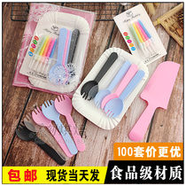 Birthday cake tableware disposable plastic knife and fork dish candle set baking paper plate dinner plate four-in-one combination