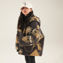 Yuxing Yu Yan girl lamb hooded coat 2021 winter clothes new middle and big children Foreign style cartoon thick warm