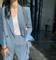 2022 spring new female blue plaid senior irregular design sensation small crowdsuit jacket fashion suit