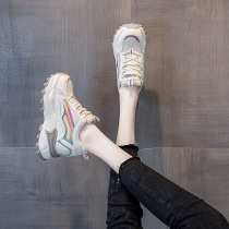 Full sense of design increased giant leg long slope heel daddy shoes womens 2021 new increased strand empty white shoes