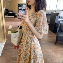 Sandro Moscoloni Bubble sleeve little daisy floral dress Female summer French vintage over-the-knee dress