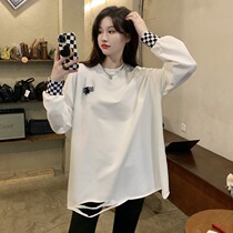 Autumn and winter plus velvet jacket hole pregnant women winter long sleeve T-shirt large size loose foreign style long bottoming shirt