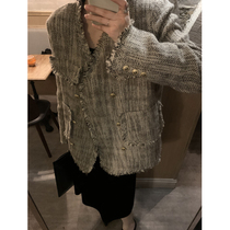 Anwine Moon Looser V Collar Small Fragrant Wind Jacket Woman Spring Rough Flowers Senior Design Sensation Slim-skinny blouse retro