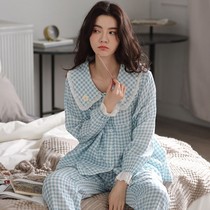 Pajamas womens spring cotton double yarn long sleeve cute princess wind cardigan Japanese new cotton yarn spring and autumn home clothes