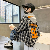 Boys spring clothing jacket 2022 Spring and autumn new Lianhood Cloister Chauchai Trendy Plaid Shirt Fried Street Kids Clothes